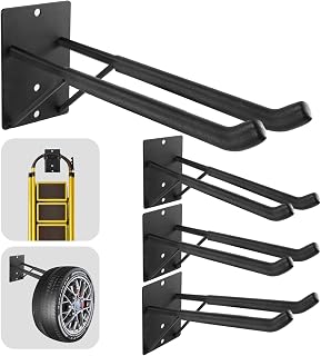 FancyEagle 14" Heavy Duty Garage Hooks 4-Pack with Support Rods - 300lb Steel Wall Mount for Tools, Tires, Ladders, Chairs & Garden Gear