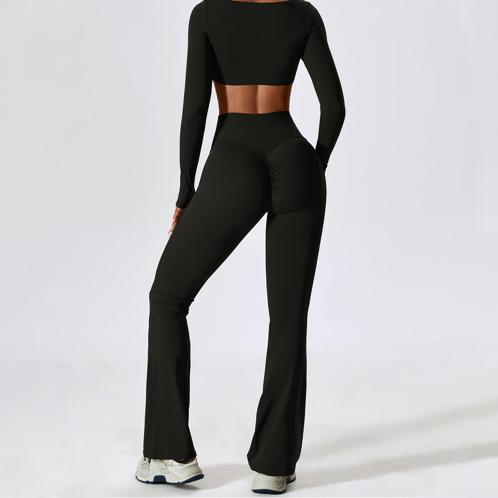 IDOPIP Sport-Set Damen Langarm für Fitness: Zweiteiler Gym Set mit Langarmshirt und Leggings Schlaghose - Sportkleidung für Yoga Pilates Workout
