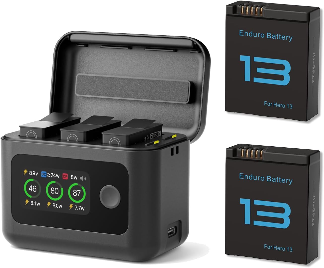 YDW Hero 13 Battery 2-Pack 2100mAh with 27W Intelligent Two-Way Fast Charger Hub Compatible with GoPro Hero 13 Black,Shows Battery SOC
