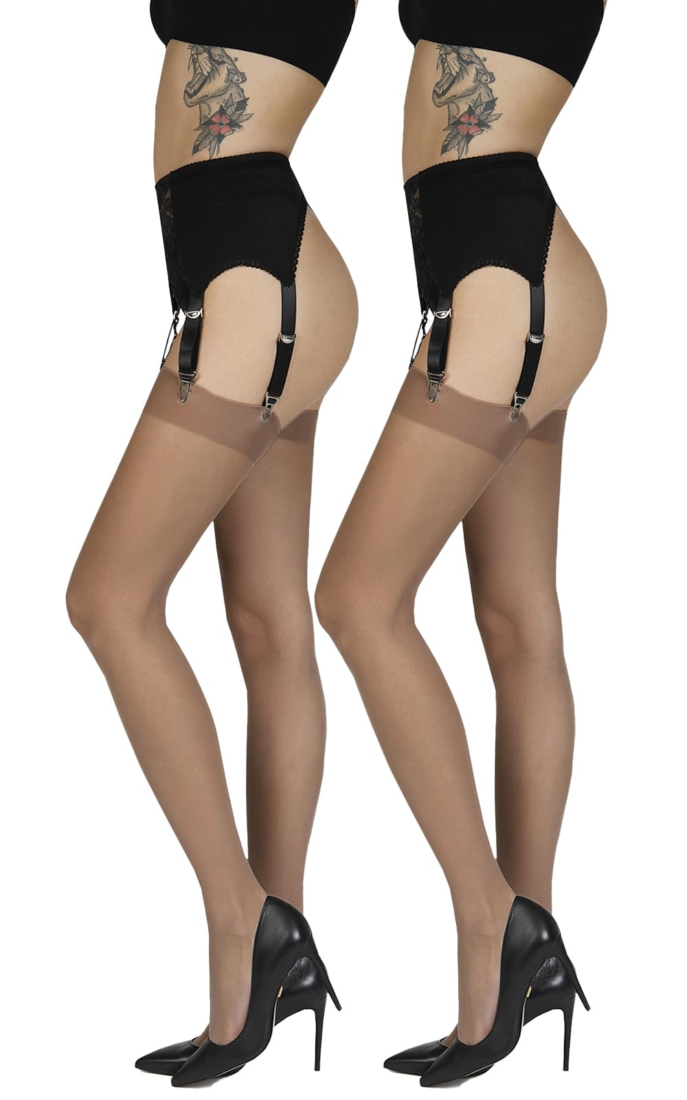 Annes styling Womens Plain Thin Suspender Stockings for Suspender Tights for Garter Belt 20 DEN Plain Top Sheer Stockings, Avana M/L, 2-Pack