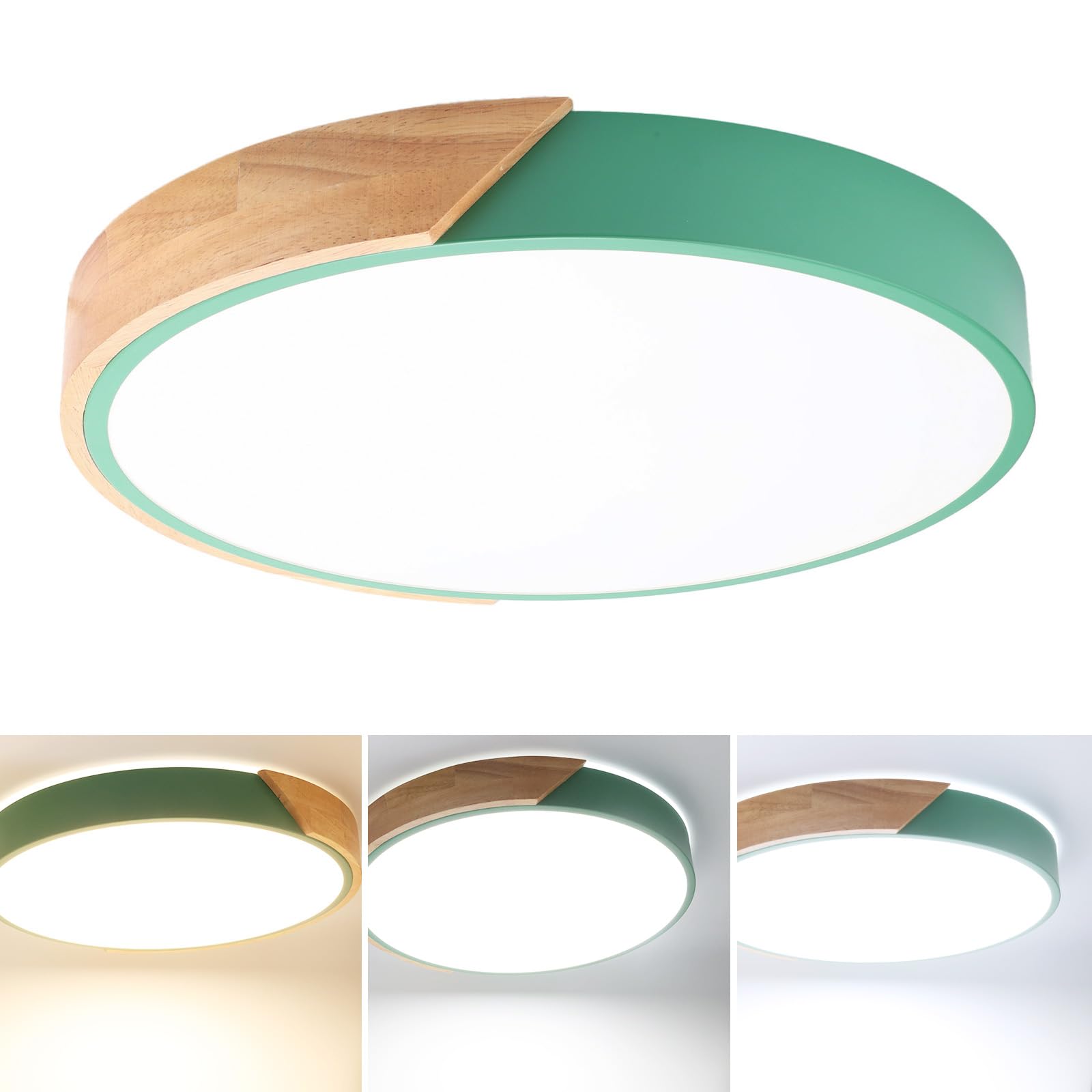Alpinaluz Plafón LED Circular Estilo Nórdico – 30W, 3000lm, Luz CCT Ajustable (3000K/4000K/6000K), Madera Natural y Metal Verde, Diseño Moderno y Elegante para Salón, Dormitorio u Oficina
