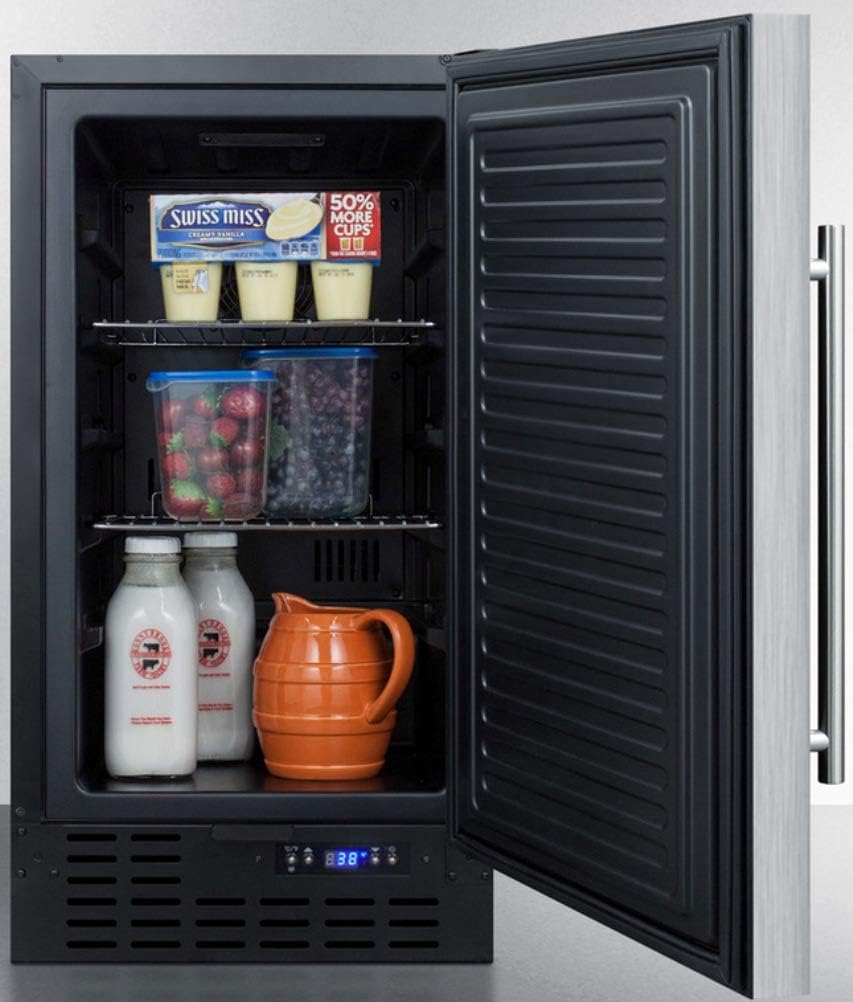 Summit Appliance FF1843BCSS 18" Wide Built-In All-Refrigerator; 2.7 cu.ft.; Stainless Steel Exterior; Digital Thermostat; Automatic Defrost; Adjustable Chrome Shelves; LED Light and Front Lock