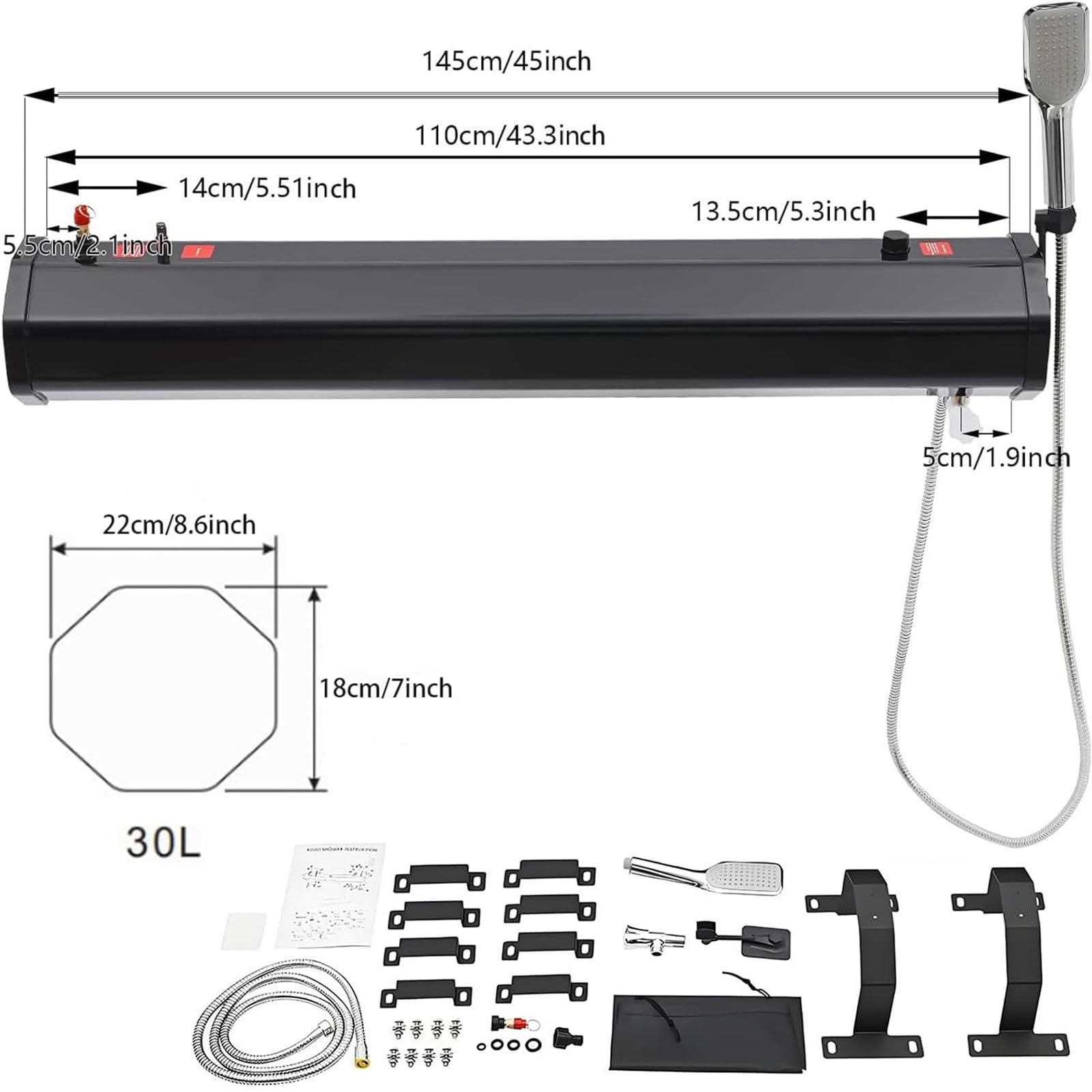 Tanque de Agua Presurizado 18L/20L/30L para Techos de Auto - Depósito De Agua Multifunción con Calentador Solar para Ducha de Camping, Lavado de Coches y Outdoor 30L