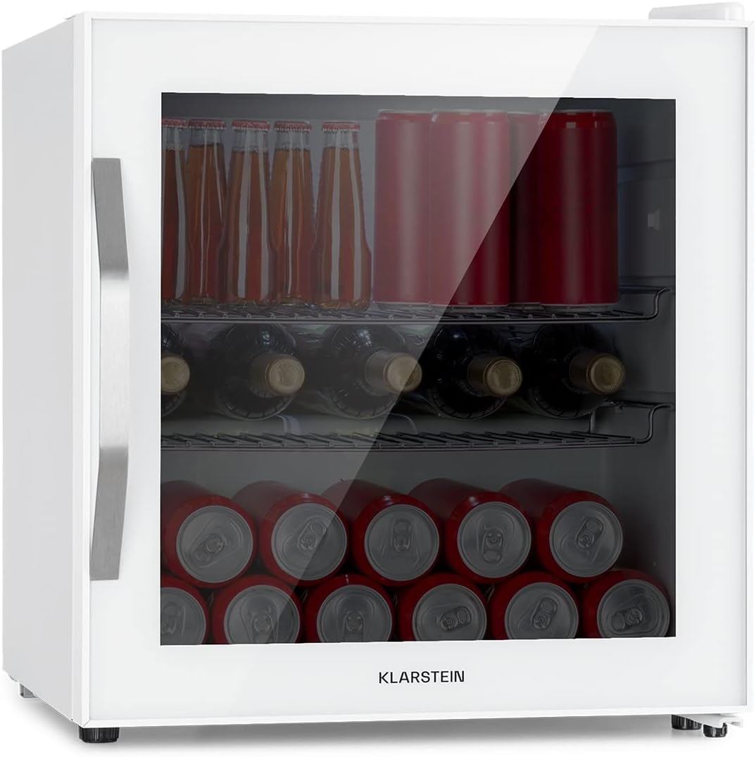 Klarstein Mini Fridge with Glass Door, for Room, Beverage Refrigerator with Adjustable Shelves, Small Fridge 80 Litres, Indoor/Outdoor, Silent