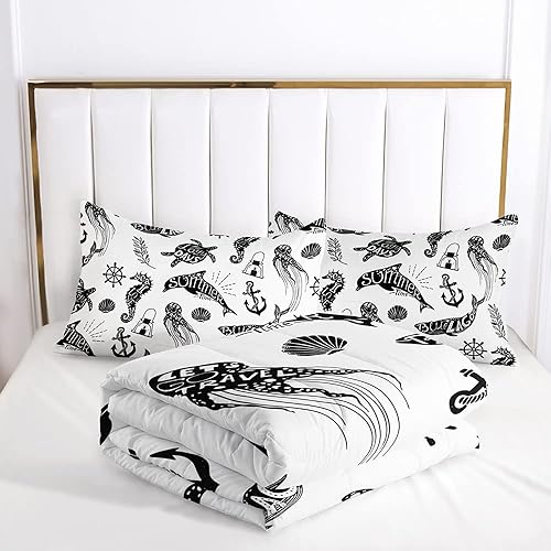 Miniatura 3 de TOPBDHOMES Juego de ropa de cama de 3 piezas con temática de tortuga ancla de peces en blanco y negro para niños adolescentes niñas individual