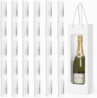 30 Pcs Wine Bottle Gift Bags with Handles,14.2 x 4.9 x 3.4 Inch Clear Window Wine Bag, Reusable Holiday Flower Champagne and Liquor Tote Bags Bulk for Christmas Thanksgiving Birthday Wedding (White)