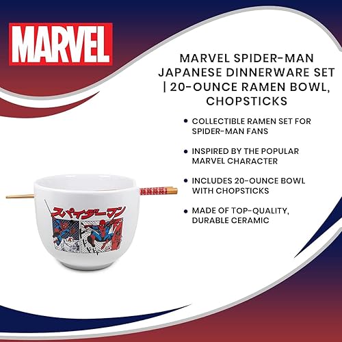 Miniatura 7 de Silver Buffalo - Cuenco con palillos para arroz, fideos o ramen, de cerámica, modelo viñetas de cómic de estilo manga japonés de Spider-Man, de