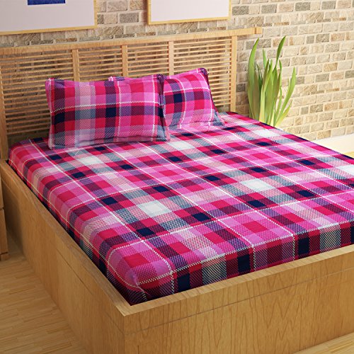 Image of Story@Home Checks Print 100% Cotton Magic Collection Bedsheet for Double Beds with 2 Pillow Covers, Pink कपास डबल बेडशीट