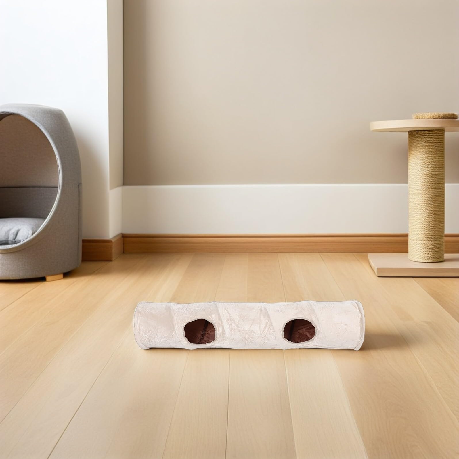 Túnel para Gatos Pequeño Beige con Dos y Bola Cueva para Jugar Esconder y Descansar Refugio Interior para Gatos y Animales Pequeños