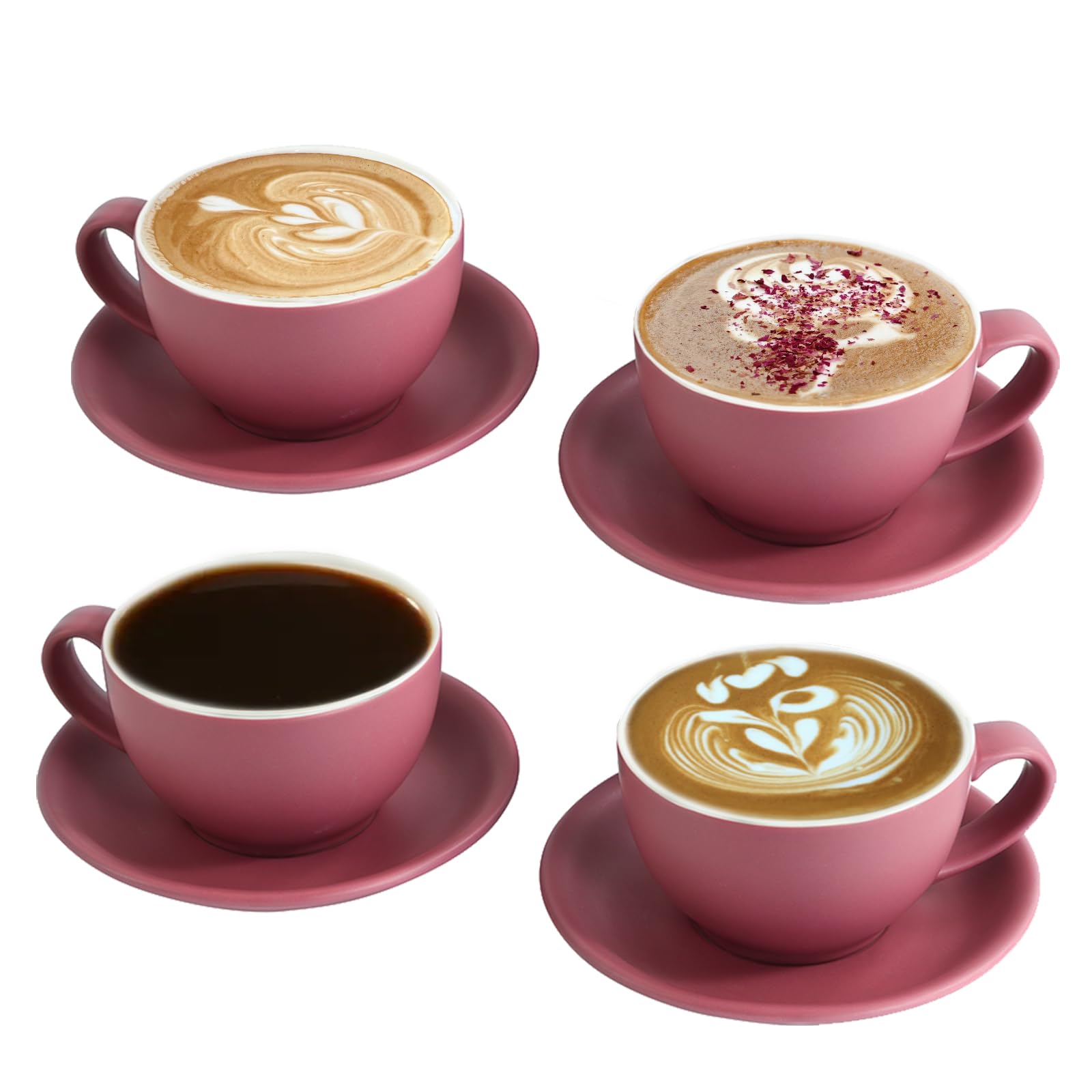 Yundu Matte Purple Cappuccino Cups Set of 4-10oz Ceramic Latte Mugs with Saucers, Elegant Espresso Cups for Coffee & Tea