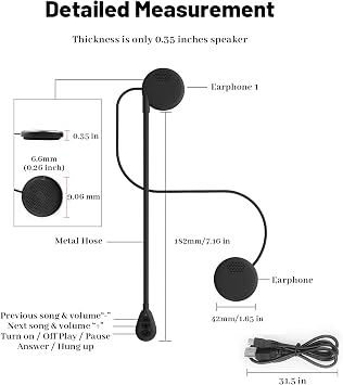 Ultra-Thin 0.35 Inches Motorcycle Helmet Bluetooth Headset, IPX7 Waterproof