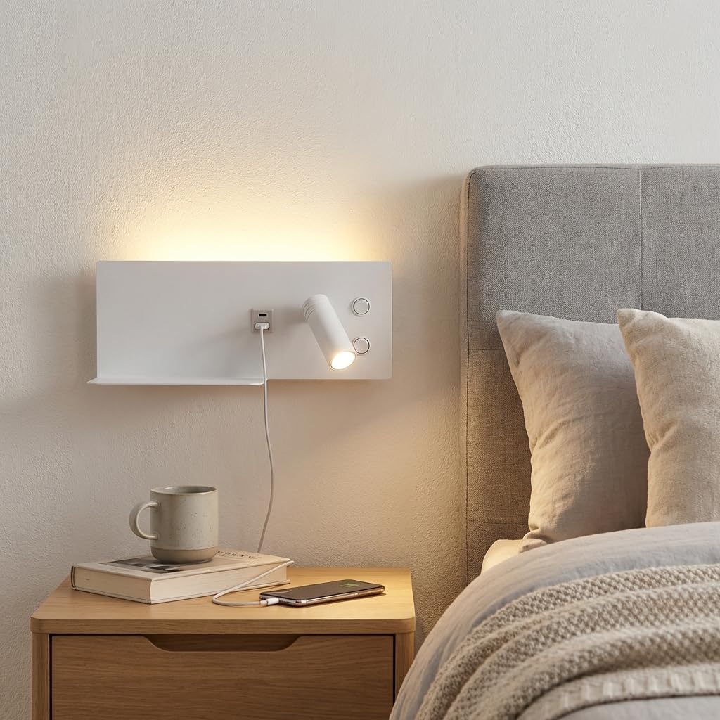 Alpinaluz Applique da Parete LED Bianco con Faretto Destro Orientabile per Camera da Letto Testiera, Luce Ambientale 2700K, Ricarica USB-C + USB-A, Mensola Metallica e Interruttori Indipendenti
