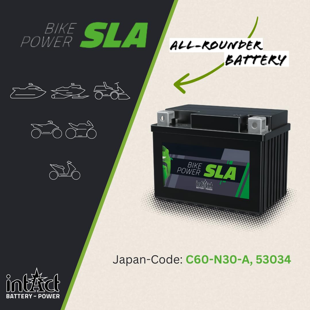 intAct Bike-Power SLA53034, C60-N-30-A, 12 V 30 Ah, 300 A (EN), Wysokiej jakości i wydajny akumulator motocyklowy, niewymagający konserwacji akumulator AGM
