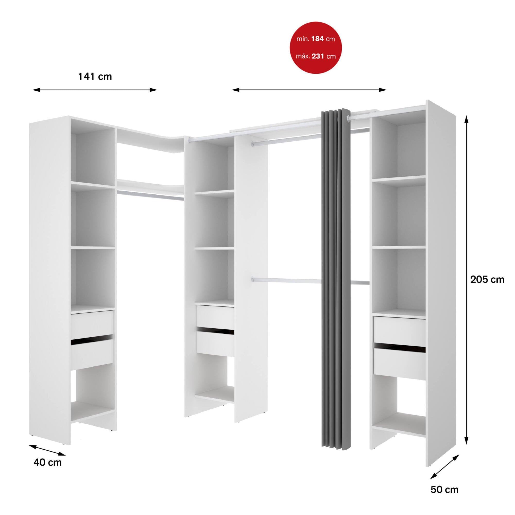 Dmora - Guardaroba grande Biaena, Mobile camera da letto, Cabina armadio portabiti, Armadio appendiabiti, 234x141 h205 cm, Bianco