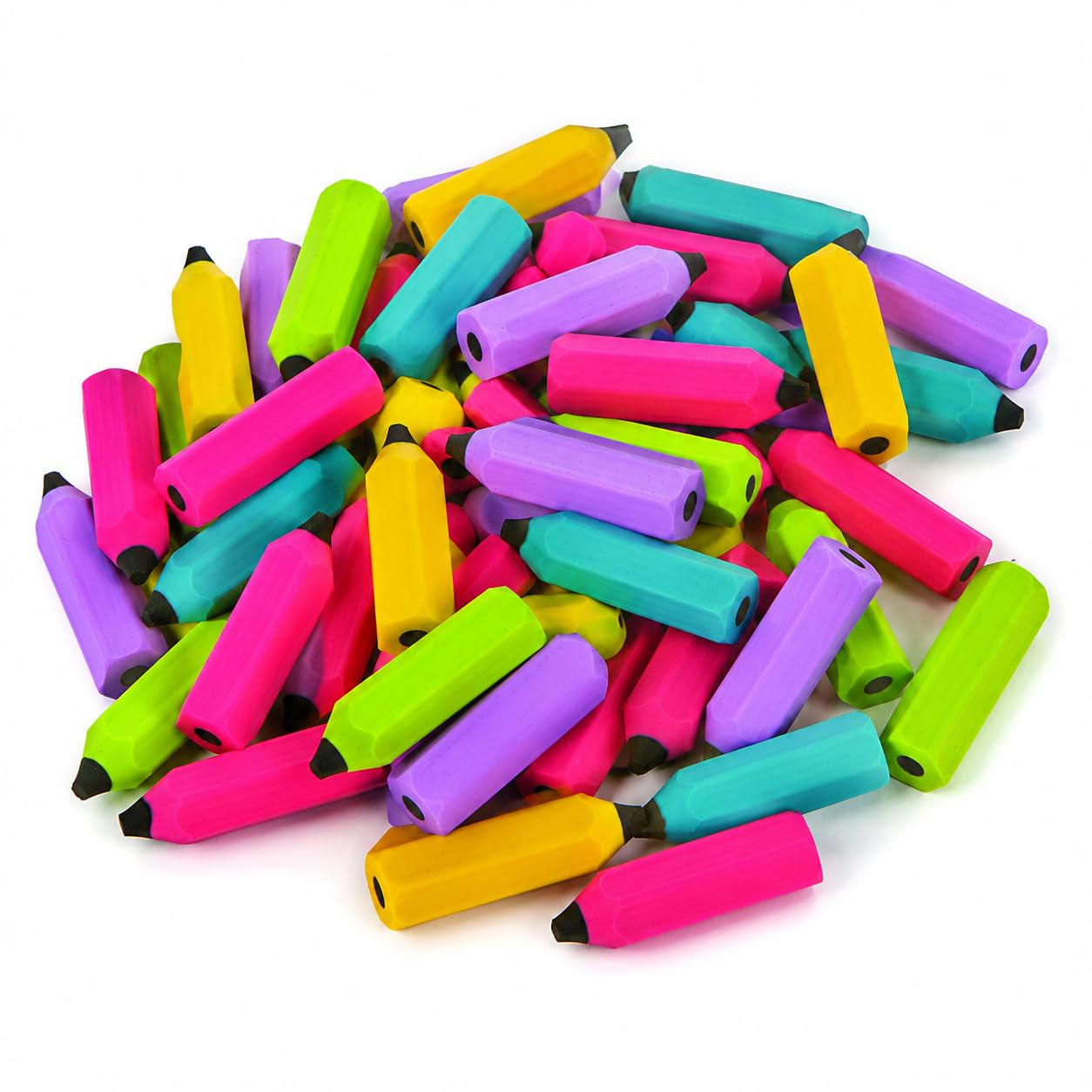 Lot de 48 gommes en forme de crayon, couleurs assorties, idéales pour coffre au trésor de classe