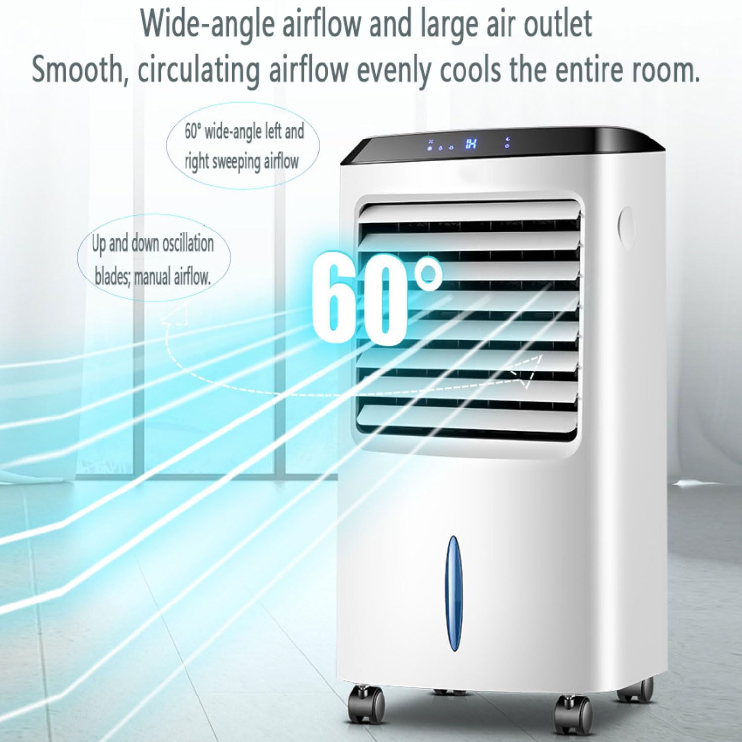 Cichy mobilny klimatyzator 10 l, chłodzenie wyparne z 3 trybami 3 prędkości, oscylacja 60º 8H, timer, obracane koła, wentylator chłodzący powietrze do domu, biura i sypialni