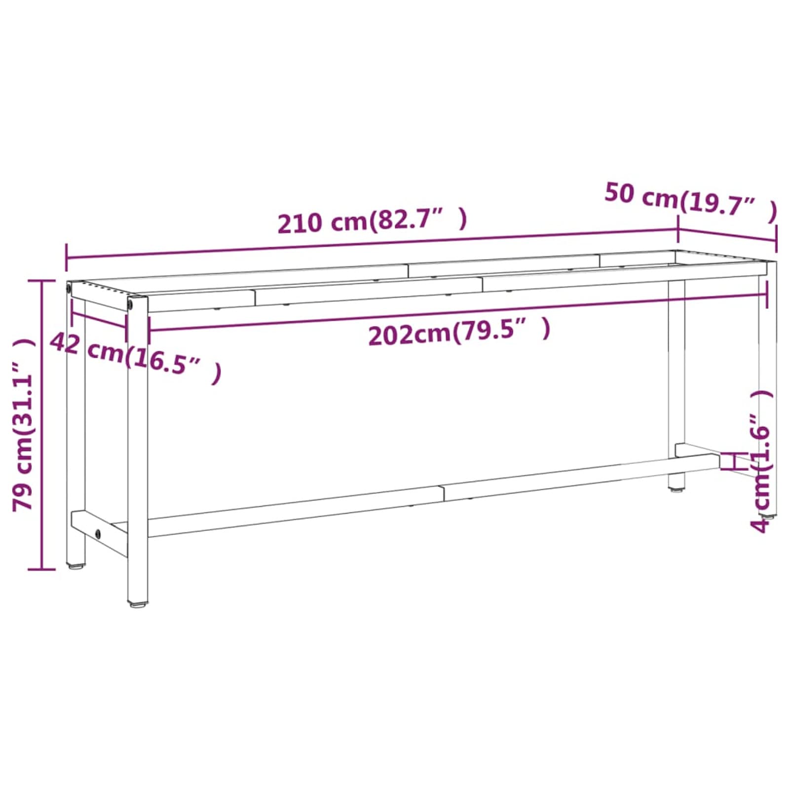 Stelaż stołu warsztatowego czarny matowy i matowy 210 x 50 x 79 cm metalowy stół warsztatowy stół warsztatowy stelaż stół warsztatowy