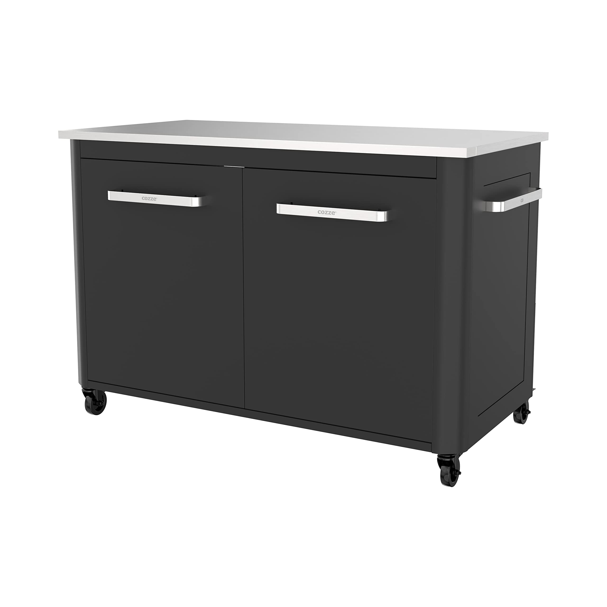 cozze® Cuisine extérieure 120 | Plan de Travail en Acier Inoxydable | Chariot Mobile avec roulettes Ø75 mm | Poubelle intégrée | 2 Portes | Support pour Bouteille de gaz, Noir