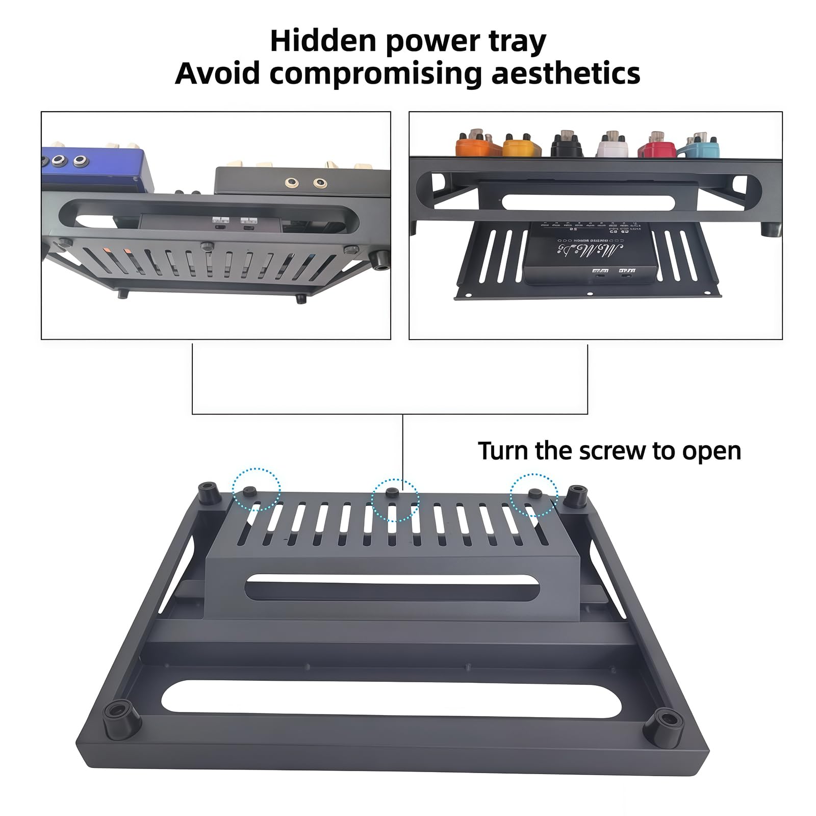 NALU Verbessertes Gitarren-Pedalboard mit Netzteilablage – robuste Metallkonstruktion, rutschfeste Füße, inklusive Klettband für sichere Montage (klein, 36,1 x 26,9 cm)