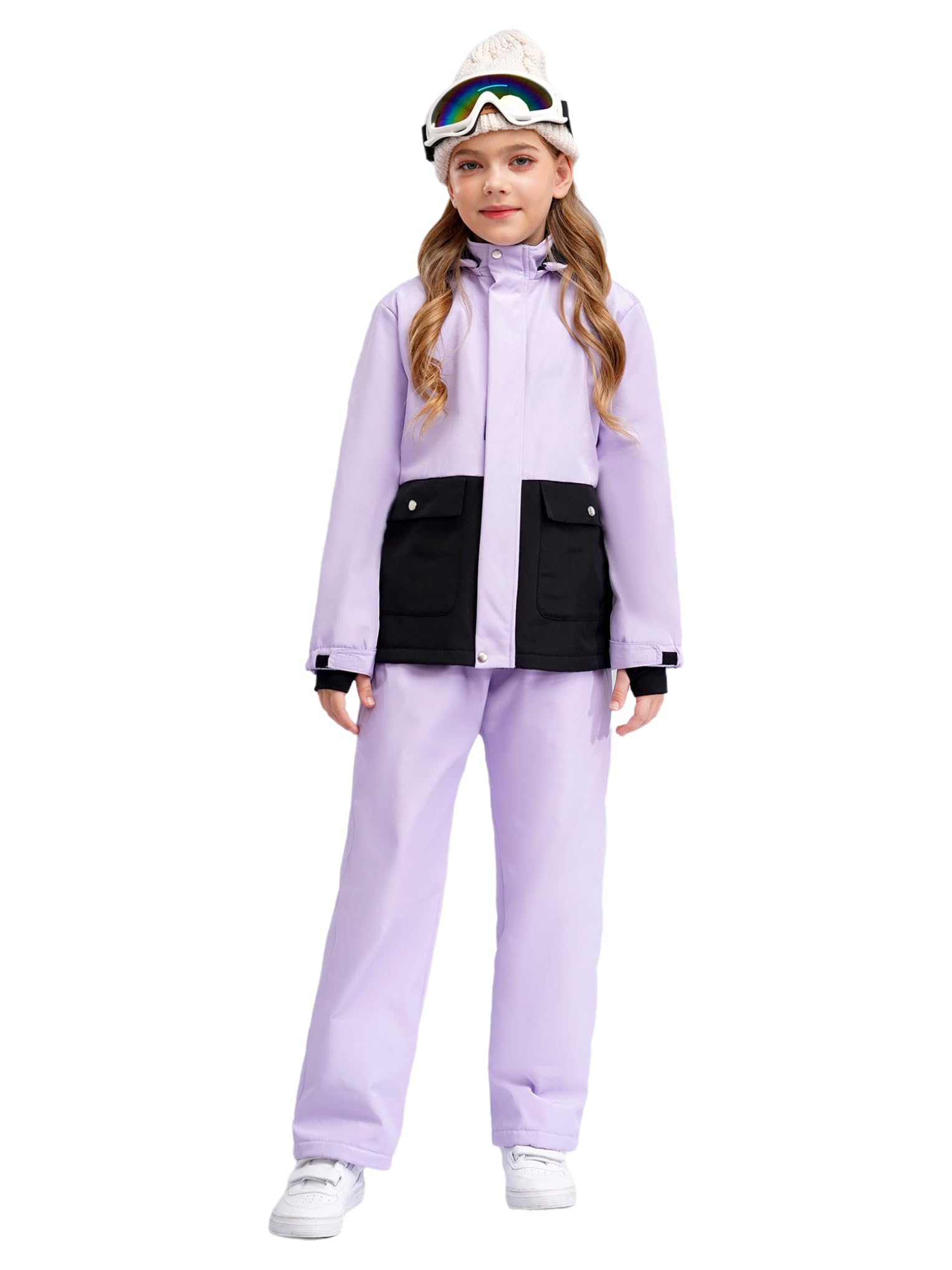Completo da Neve 2 Pezzi Bambina Unisex Tuta da Sci Termica Giacca da Sci con Cappuccio Rimovibile e Paraneve + Pantaloni Impermeabili Set di Snowboard