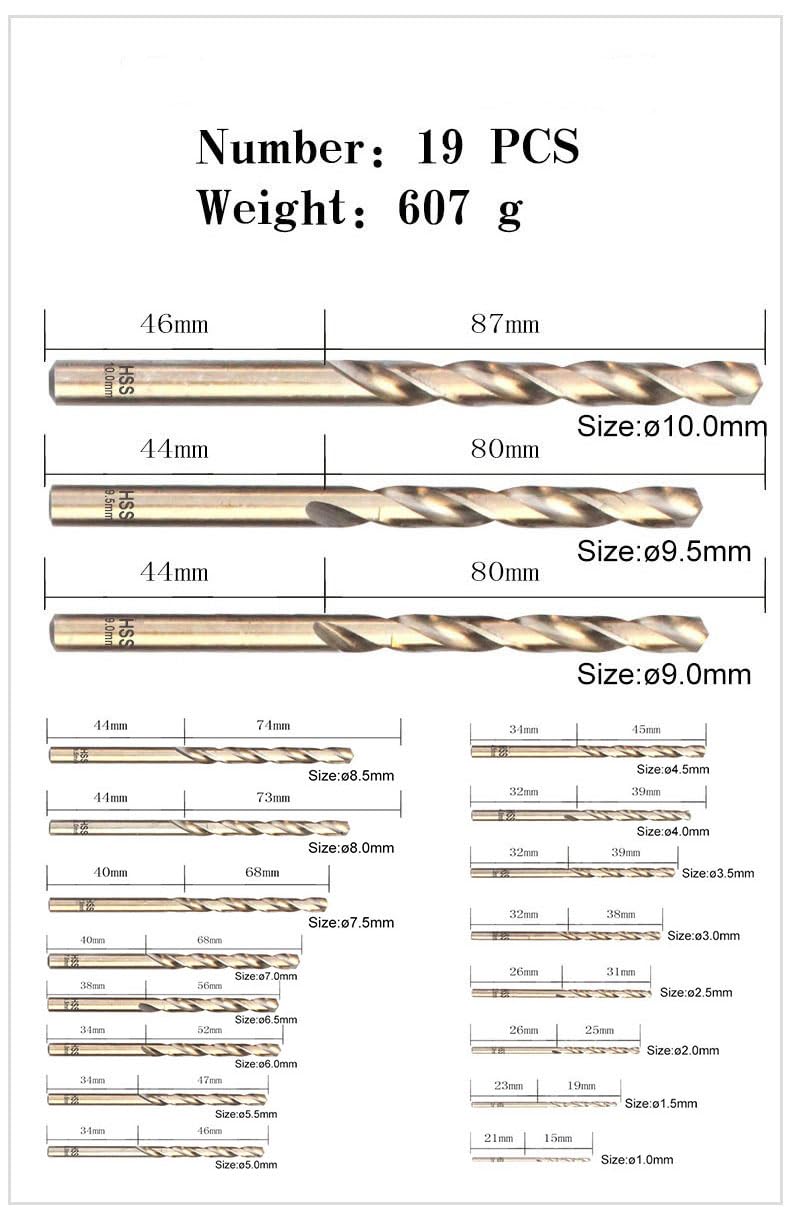 M35 - Juego de brocas métricas redondas de cobalto de mango recto de 1,0 mm-10 mm/19 piezas, adecuadas para acero inoxidable, metal duro, hierro fundido, cobre, plástico de aluminio (1,0