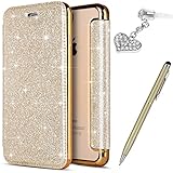 ikasus iPhone 5S Case,iPhone 5 Case,iPhone SE Case, Crystal Shiny Glitter Plating TPU PU Leather Flip Wallet Pouch Bookstyle Cover & Card Slots Protective Case Cover +Touch Pen Dust Plug,Gold
