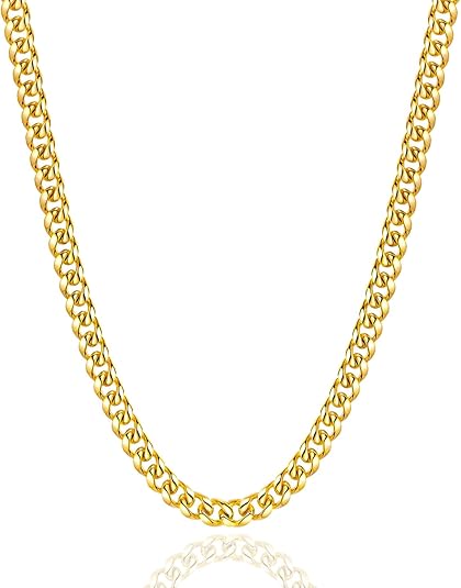 Gold Chain for Men, Mens 5mm/6mm Gold Plated Stainless Steel Cuban Link Chain Necklace, 18-26 Inches