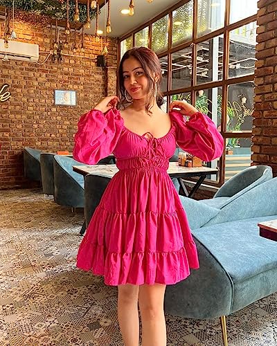 Image of Tandul Women Fit and Flare Dress Above Knee /Mid Thigh Length Casual Pink Crepe Dress, (6583)