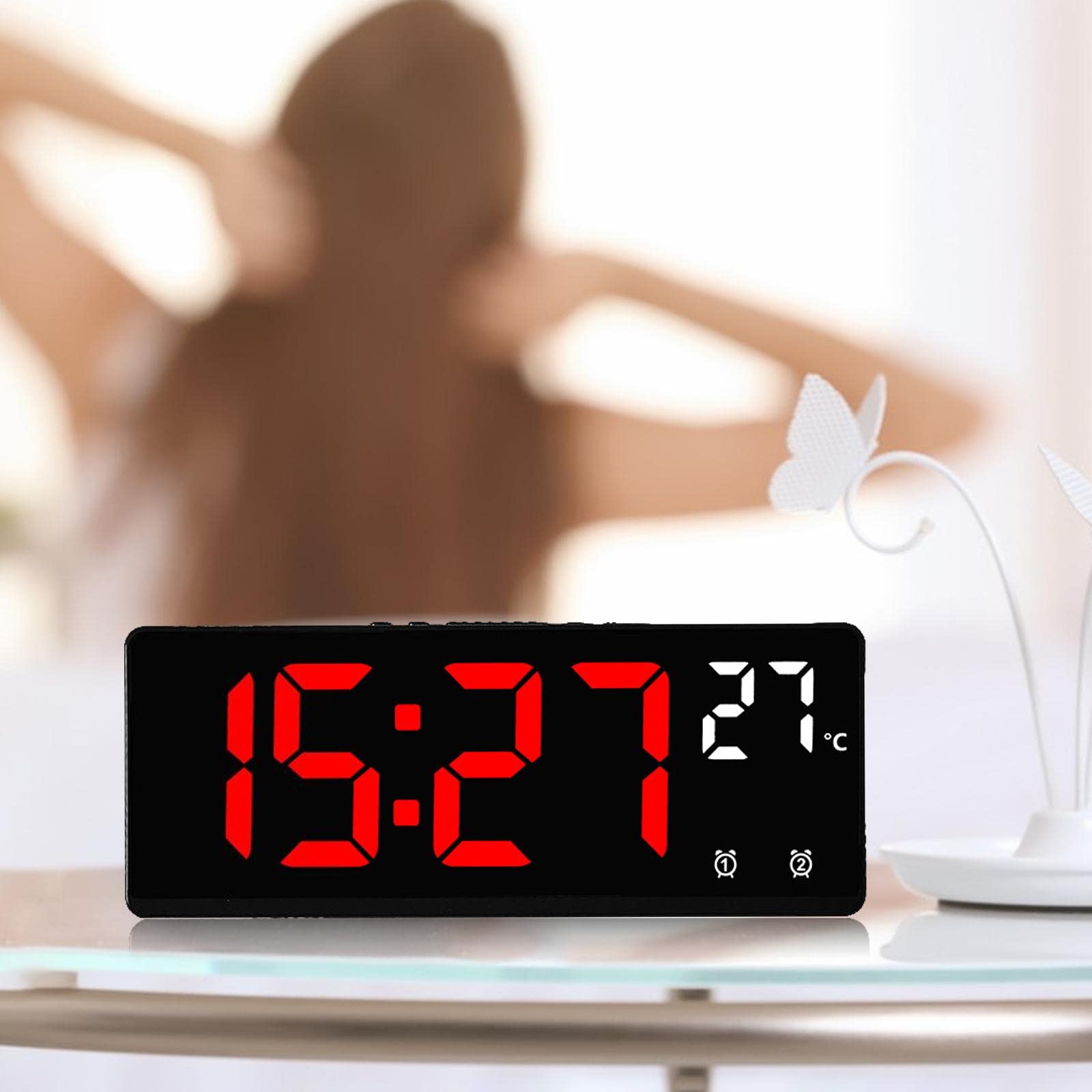 F Fityle Reloj Despertador Digital 12/24H LED Reloj electrónico Brillo Ajustable para Oficina Dormitorio Escritorio Niños, número Rojo