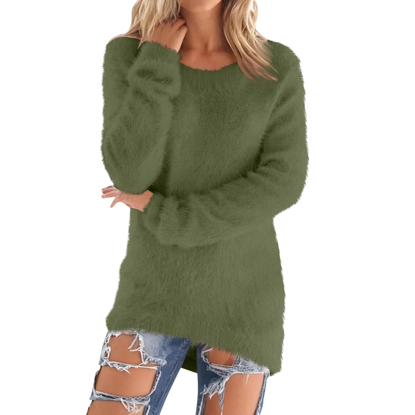 Womens Cute Sweaters 2026 Casual Crewneck Fleece Pullover Long Sleeve Thermal Fuzzy Jumper Sweater Winter Clothes