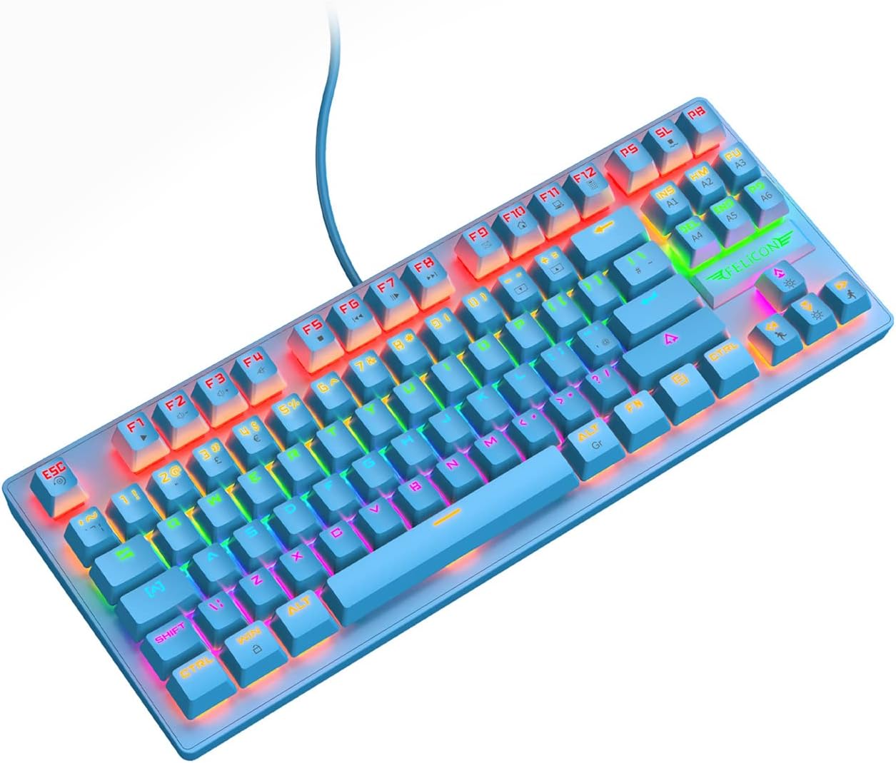 FELiCON K2 Teclado Mecánico para Juegos Compacto TKL-80% Keyboard 21 RGB con Retroiluminación Arcoíris Cable USB QWERTY Ergonómico Resistente al Agua para PS4 Xbox PC Mac-Azul/Interruptor Azul