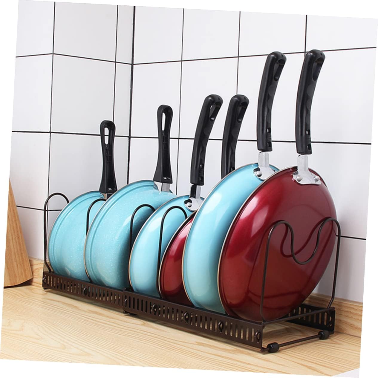 Expandable Pot Lid Organizer Multi-Functional Kitchen Storage Rack for Pots and Pans Iron Frame Adjustable Width for Home Organization Random Color