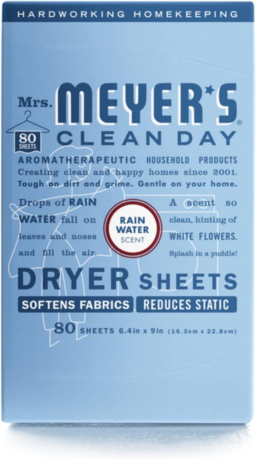 MRS. MEYER'S CLEAN DAY Dryer Sheets, Fabric Softener, Reduces Static, Infused with Essential Oils, Rain Water Scent, 80 Count
