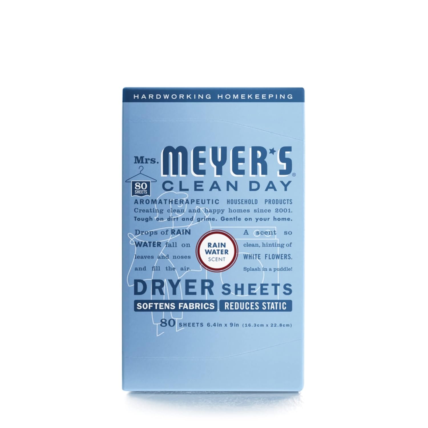 MRS MEYERS CLEAN DAY Dryer Sheets Fabric Softener Reduces Static Infused with Essential Oils Rain Water Scent 80