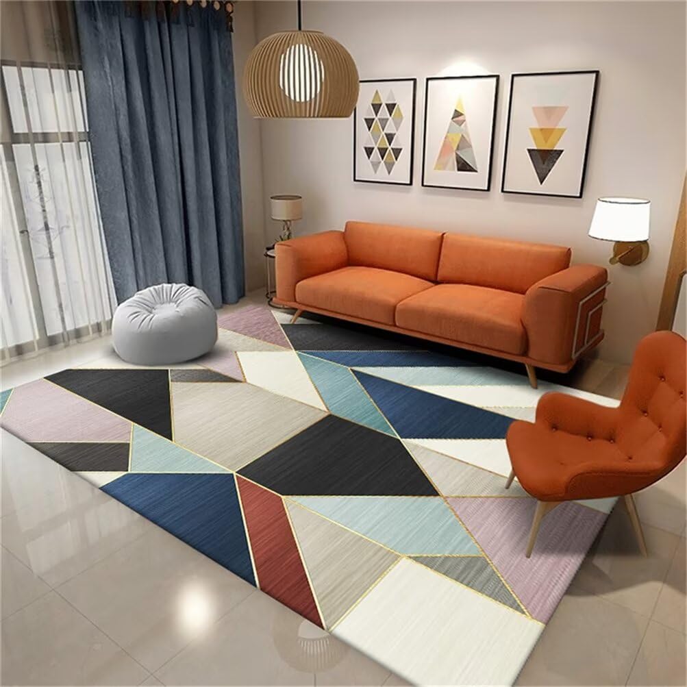 Tapis salon sticker géométrique moderne rose et bleu lavable 70x140