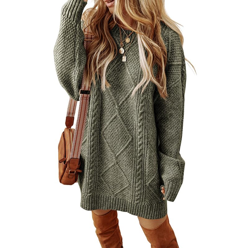 Womens Loose Long Sleeve Cable Knit Pullover Sweater Dress Casual Slouchy Crew Neck Knitted Mini Dress