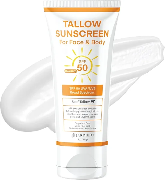 Beef Tallow Sunscreen SPF 50 with Mineral : Instant Sun Protection Non Nano Zinc Oxide Sunblock- Non Greasy Formula- Beach Jogging Outdoor Sports - 3 Fl oz, 85g