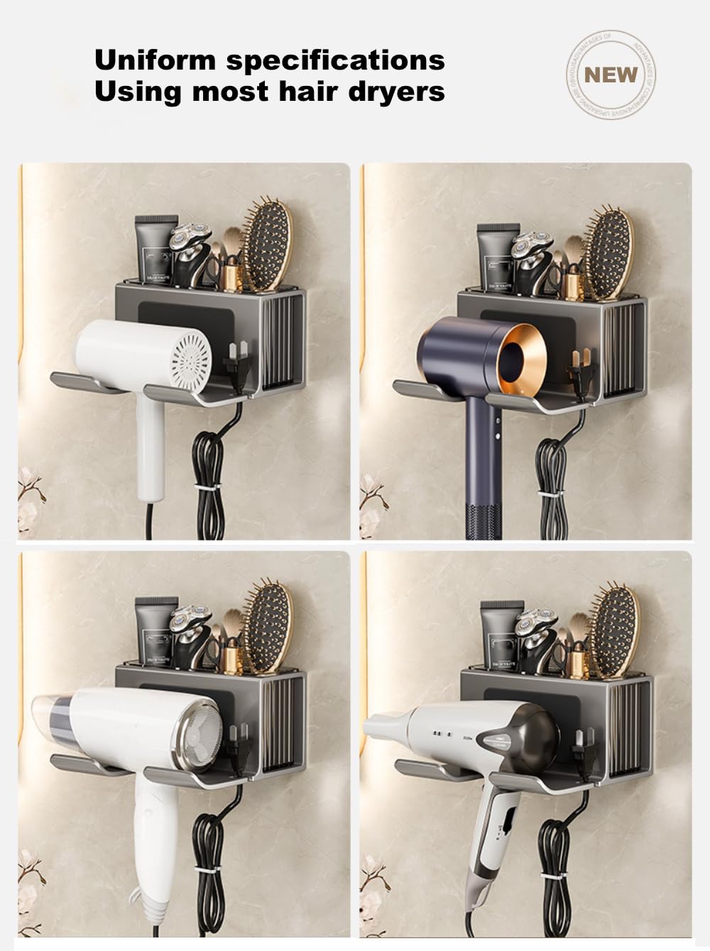 Soporte para secador de pelo montado en la pared, con caja organizadora extraíble individualmente, soporte de aluminio para secador de pelo para baño, organizadores de salón y almacenamiento