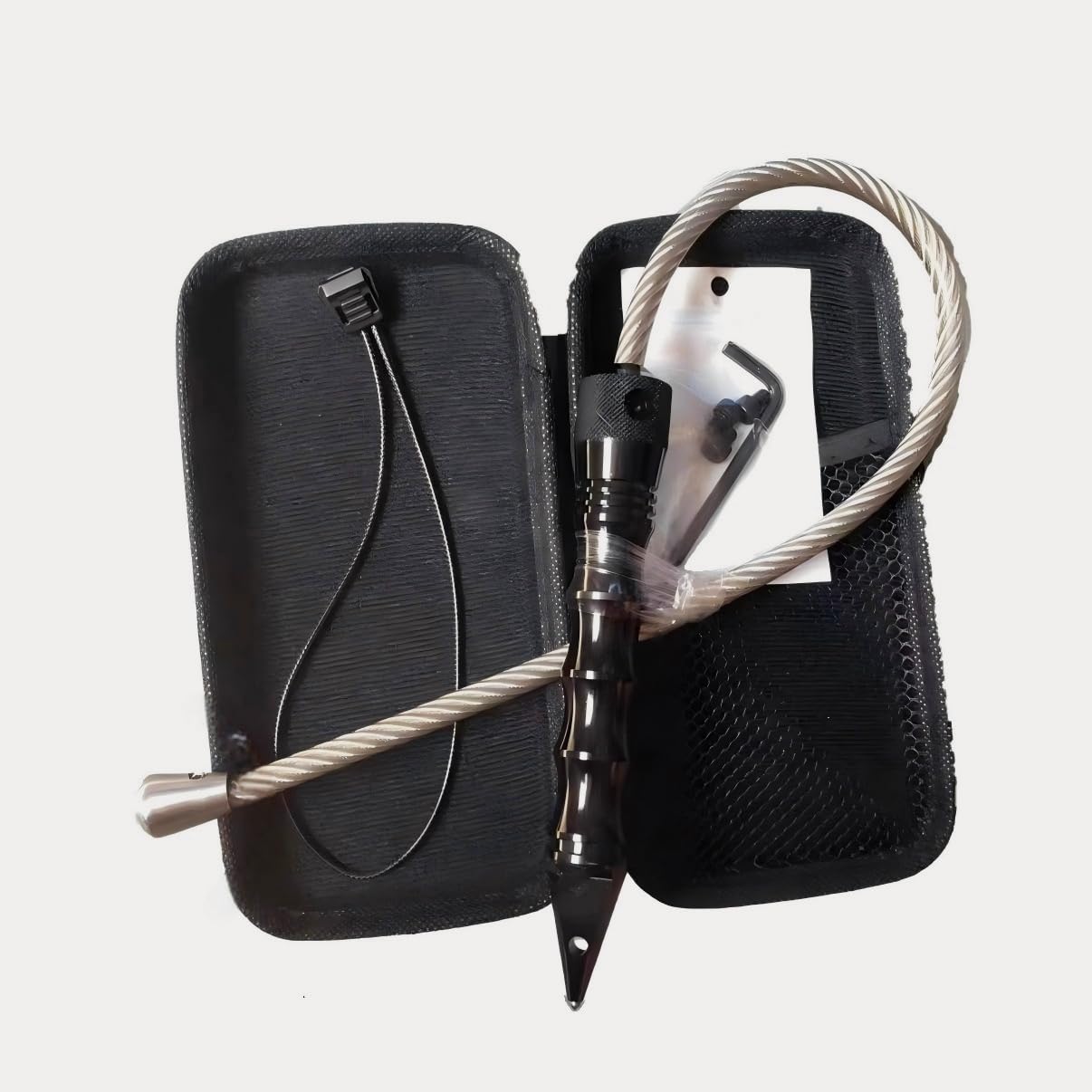 Self Defense Steel Whip with Window Breaker 17.5 Inch Handle Retractable Cable w Carrying Case