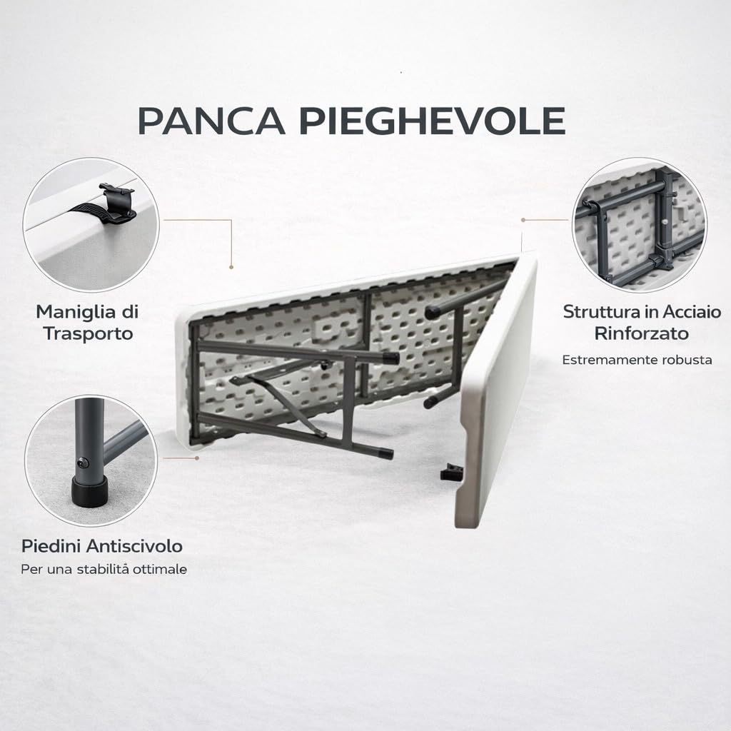 Panchina Pieghevole a Valigetta con Maniglia - Panca per Buffet, Giardino, Campeggio, Feste, Catering, Sagre, Bar, Mercato- Tavolo da Camping Salvaspazio Bianco 180x28x44h cm