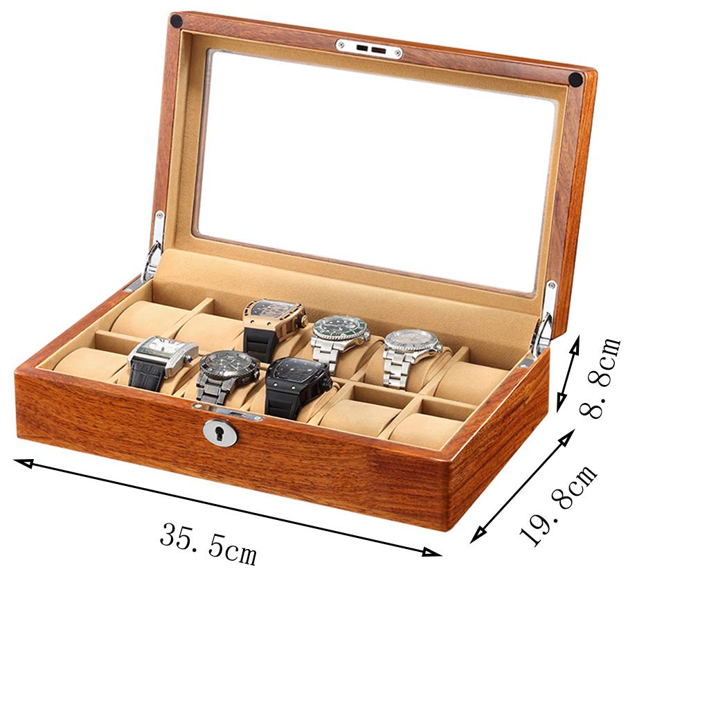Uhrenaufbewahrungsbox Boy Premium Hochglanz-Uhrenbox aus Holz mit 12 Fächern, Luxus-Etui, Aufbewahrungsbox, Schmuckkästchen, Kreativ, Schlicht, Retro (Braunes Futter)