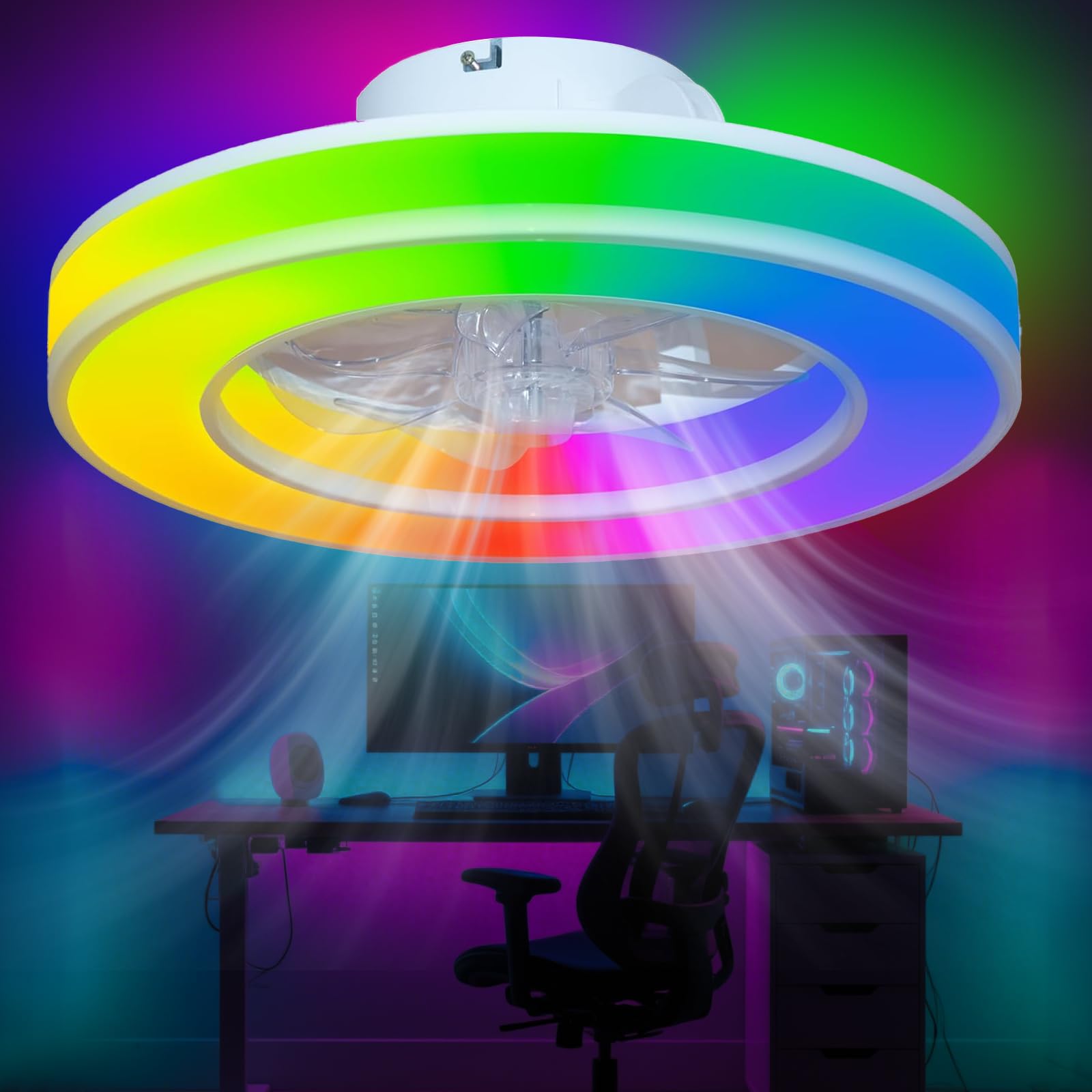 ZOMLBOF Fan Ceiling Lights Quiet Bedroom,Reversible,RGB Ceiling Fan,6 Speeds,Remote Control,3 Color Temperatures,Game Rooms Studies,Smart Ceiling Fan Light and Timer,Alexa Compatible,Memory