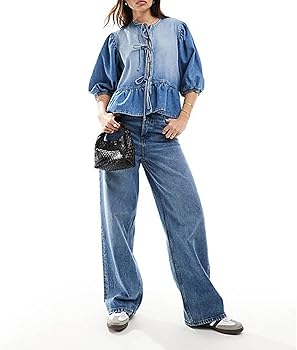 Woman Fall Tie Up Denim Shirt Tops Casual Half Bishop Sleeves