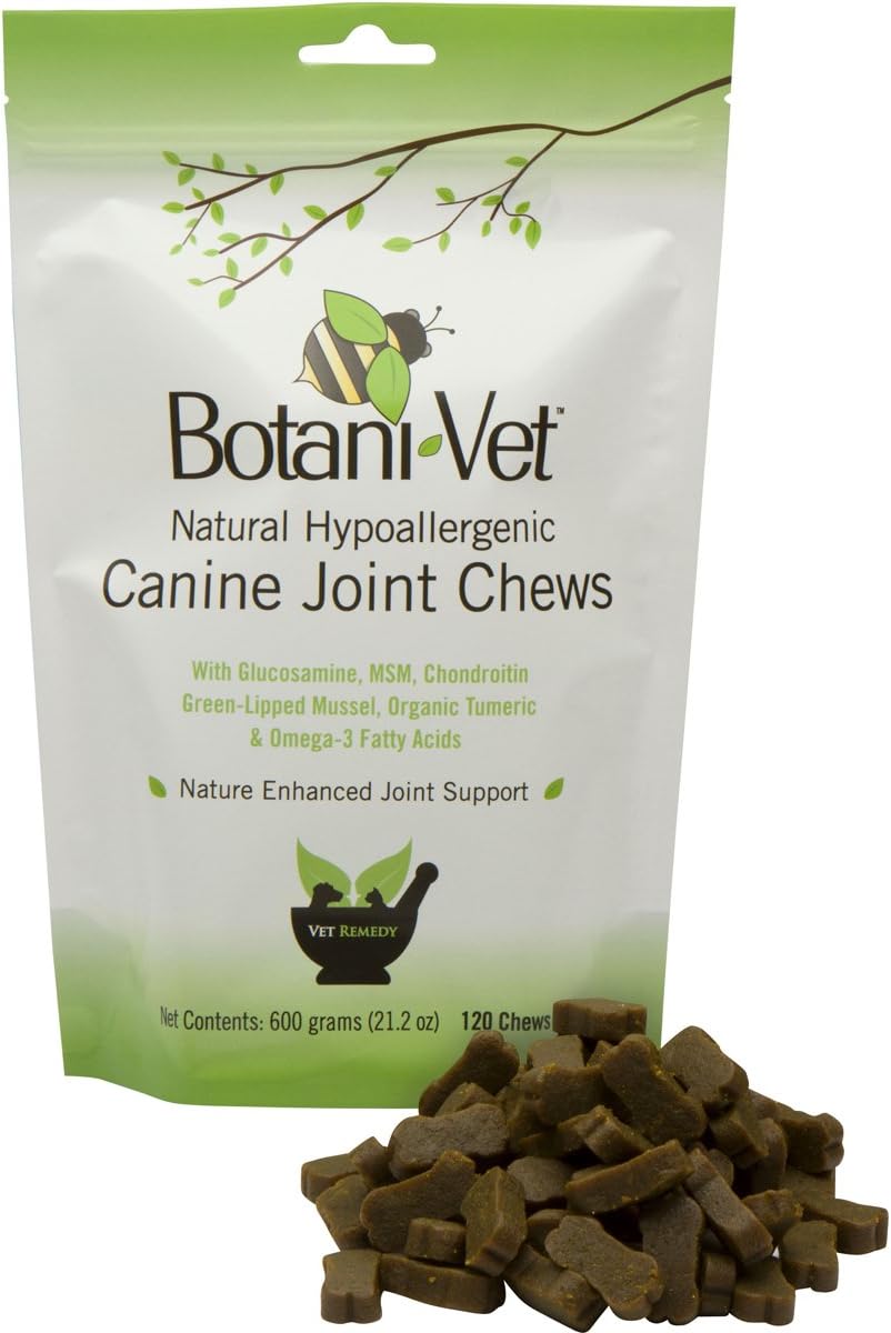 Glucosamine Natural Joint Chews for Dogs Hypoallergenic by BotaniVet - 120 Count - Extra Strength Hip Supplement - MSM. Chondroitin, Green-Lipped Mussel, Organic Tumeric, Omega-3s, VIT E, Made in USA