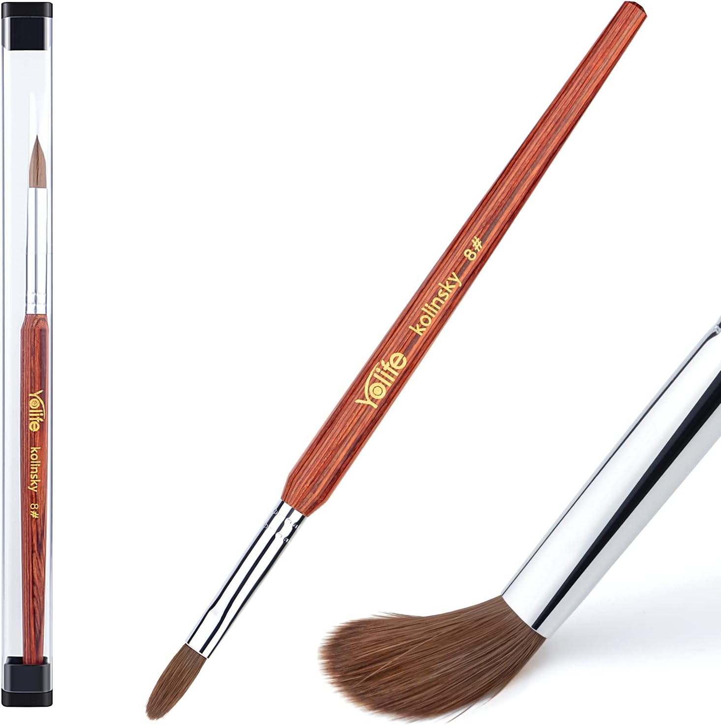 Yolife Acrylic Nail Art Brush Size 8, 100% Pure Kolinsky Sable Acrylic Nail Brush Set with Oval Crimped Red Wooden Handle Professional Manicure Pedicure for DIY Home Salon