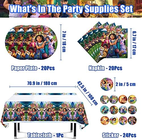 65Pcs Encanto Party Decoration Supplies Set, Magic House Movie Theme Tableware Kit Including 20 Paper Plates, 20 Napkins, 24 Stickers, 1 Table Cloth, Birthday Party Favors for Kids Girls Boys Children