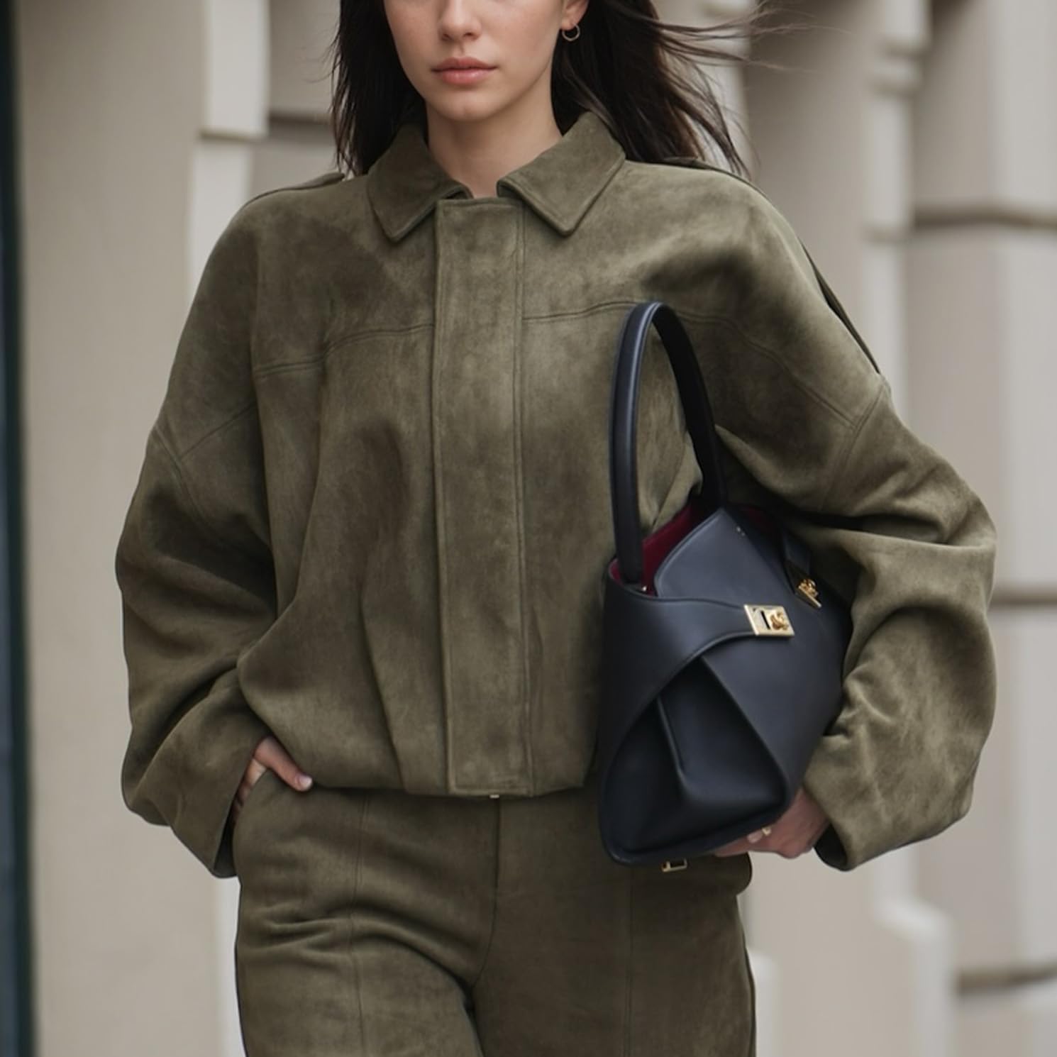 Womens Faux Suede Bomber Jacket Casual Lightweight Batwing Long Sleeve Oversized Coat Streetwear Outfits - Image 2