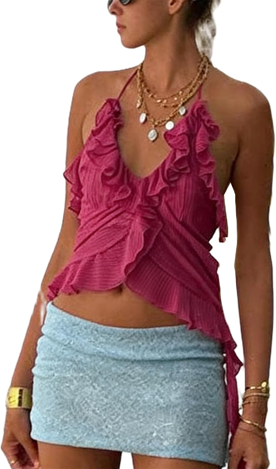 Women Crop Halter Cami Top Irregular Ruffle Edge Deep V Neck Halter Cami Top Sexy Solid Color Backless Tank Shirt