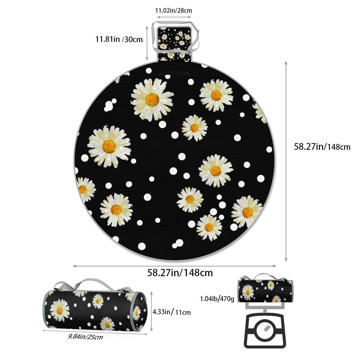 Shimoshe Polka Dot Daisies Picnic Outdoor Blanket Foldable Waterproof Sandproof Beach Blanket Portable Water-Resistant Round Picnic Mat for Travel Camping Park Lawn