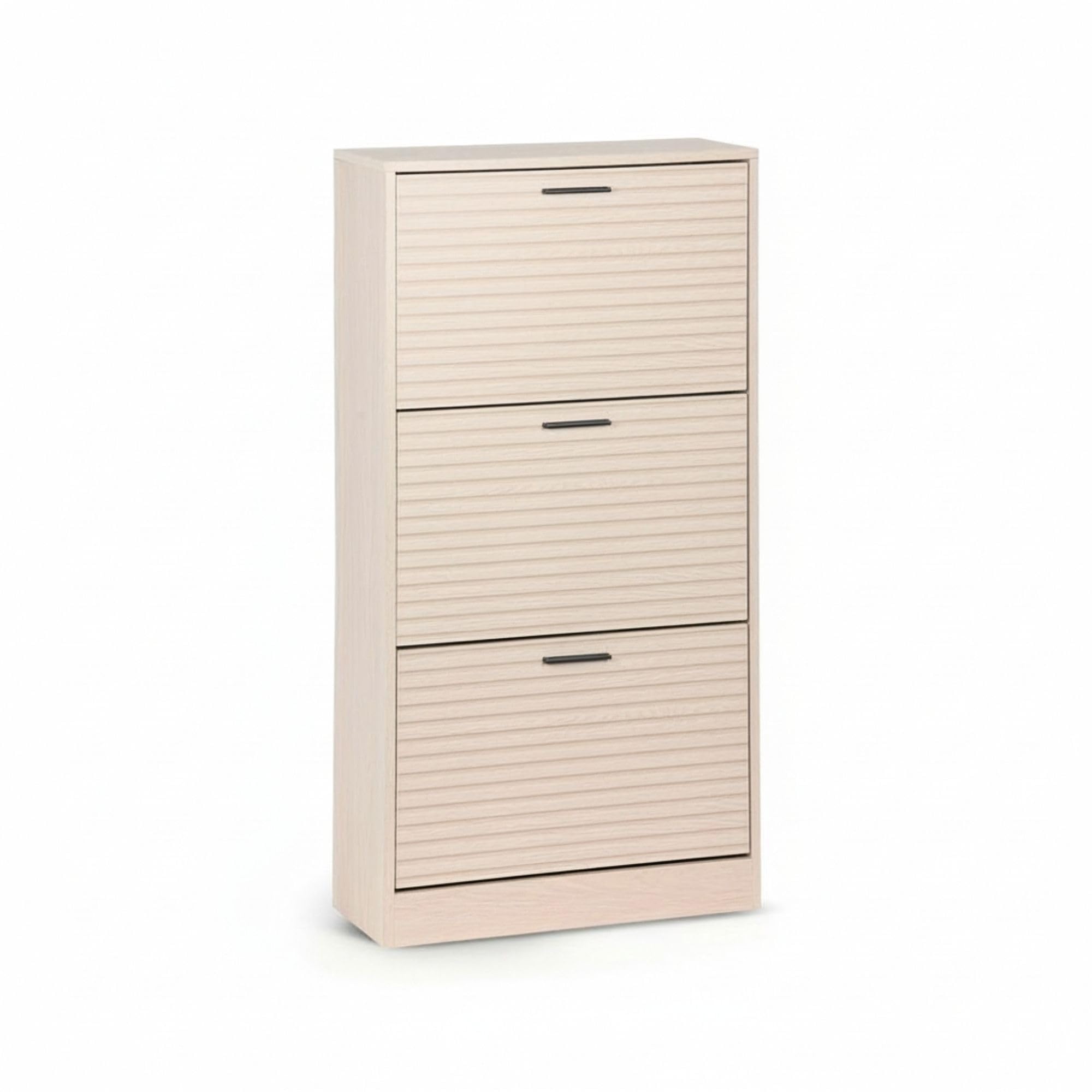 INDE MOBLEKIT | Zapatero 3 Niveles 60×24×115 cm Acabado Slat, Mueble Zapatero Entrada Estrecho con Puertas Abatibles, Organizador de Zapatos para Recibidor o Dormitorio
